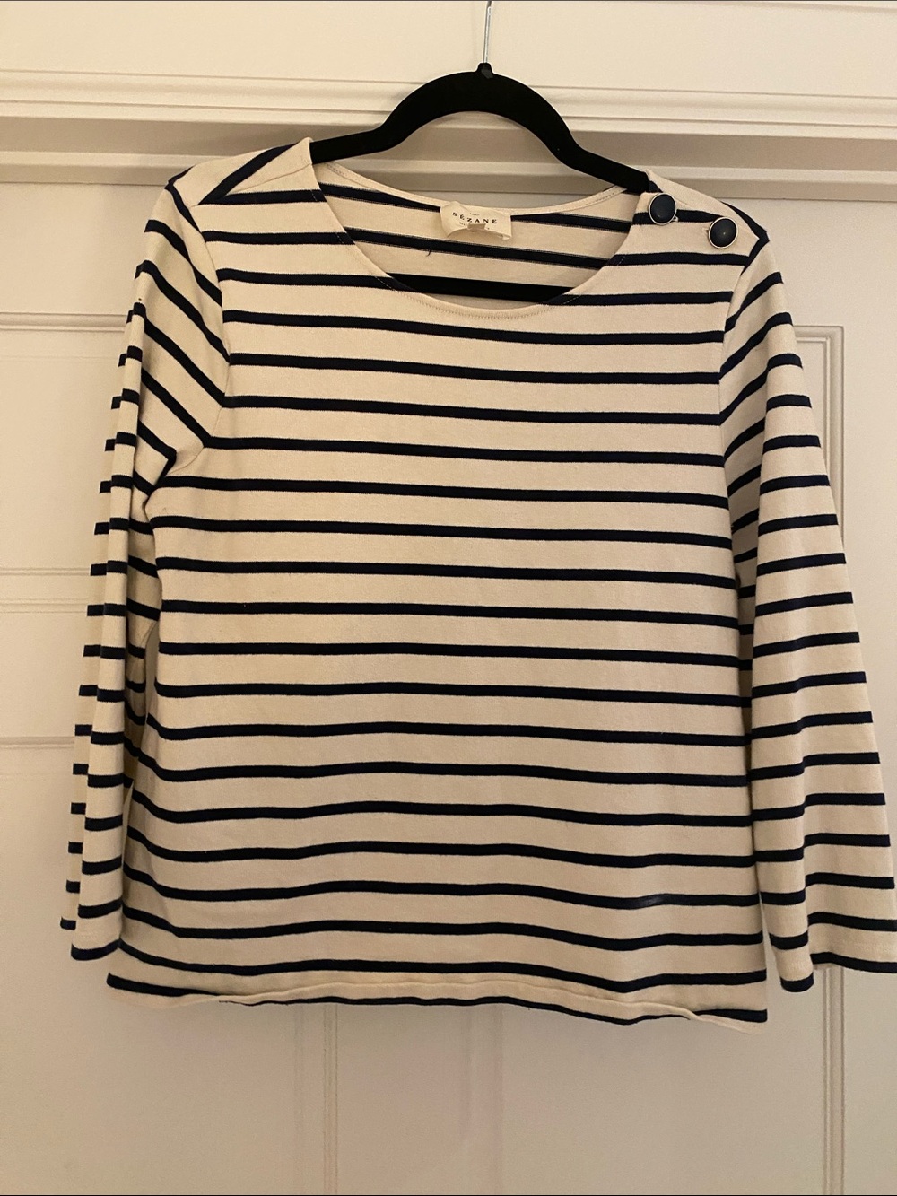Sezane Women’s Navy Stripe Button-Shoulder Long Sleeve Top